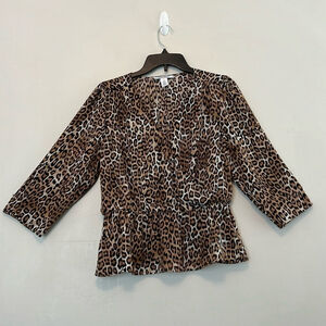 White House Black Market Leopard Animal Print Faux Wrap Peplum Blouse Size 10